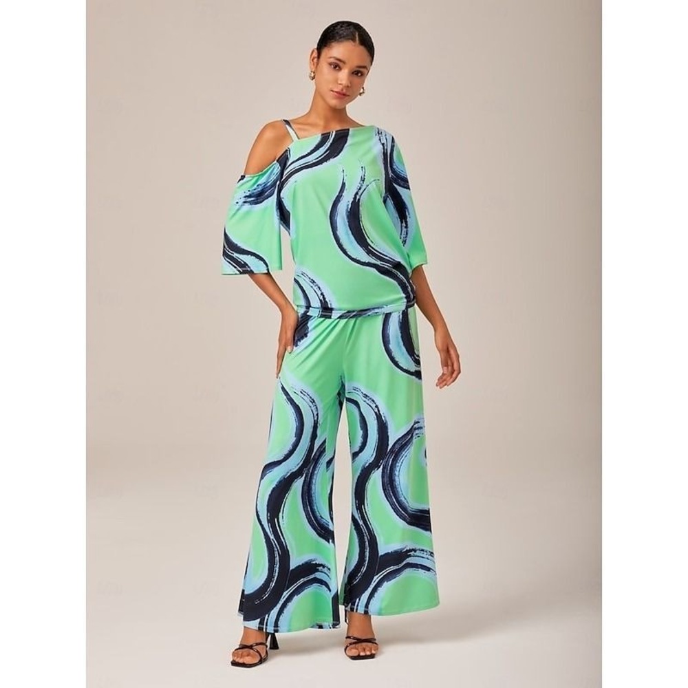 Ador Women Green Abstract Swirl 2 Piece Set Cold Shoulder Wide Leg Pants MED NWT